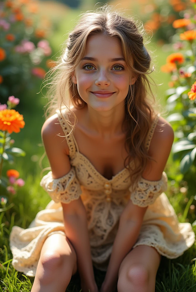 a girl sitting on the ground, legs spread open facing the camera, beautiful detailed eyes, beautiful detailed lips, extremely detailed eyes and face, long eyelashes, detailed facial features, intricate clothing, beautiful garden scenery, (best quality,4k,8k,highres,masterpiece:1.2),ultra-detailed,(realistic,photorealistic,photo-realistic:1.37),HDR,UHD,studio lighting,ultra-fine painting,sharp focus,physically-based rendering,extreme detail description,professional,vivid colors,bokeh,portrait,cinematic lighting,dramatic lighting,intricate details