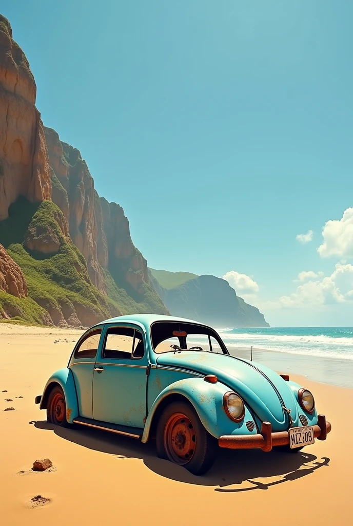 Panoramic painting of a light blue Beetle, license plate MCZ 2016, abandoned and rusty on a beach with cliffs on the coast of northeastern Brazil, sky without birds