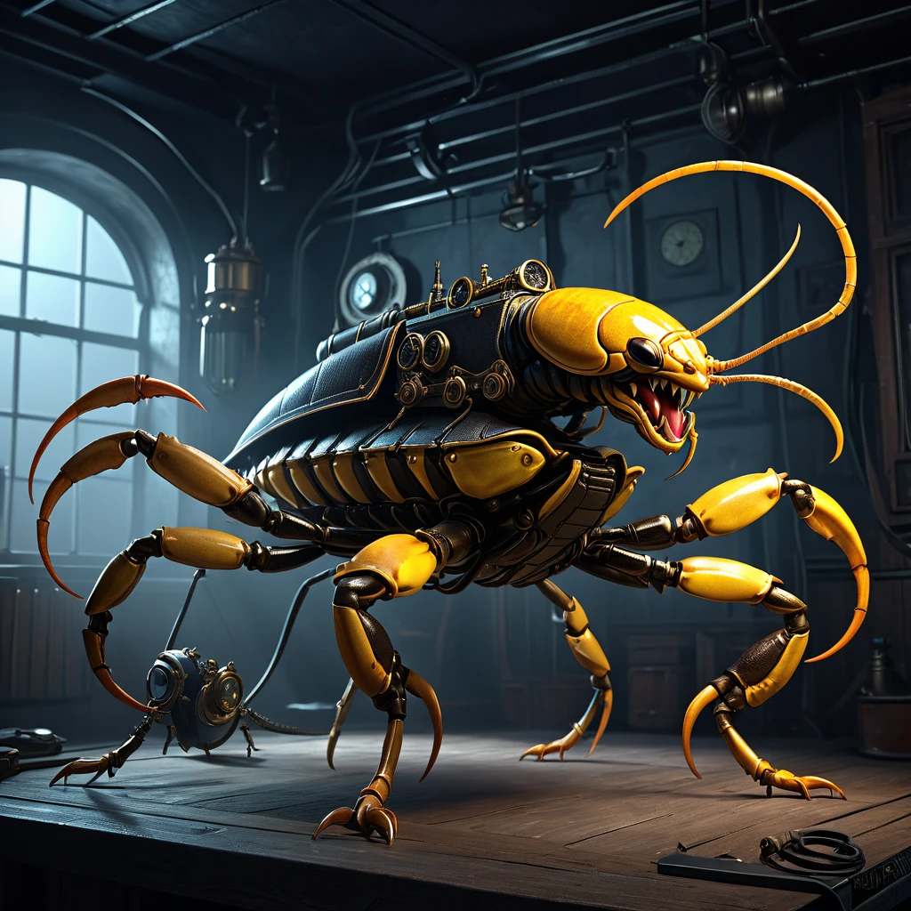 arafed Scorpion with a saddle on its back in a dark room, steampunk Scorpion, Scorpion, insectoide, roland zilvinskis 3d render art, very realistic concept art, Zbrush Central Contest Winner, ZBRUSH Contest Winner, Sci-fi lizard alien, Scorpion whip, 3D character concept art., concept creature character art, 3 d octane render conceptart