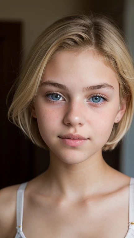 ((Ultra Detail)), Beautiful Art, (((18 yo blonde girl . Full lips. Eyes wide))). ((Very short hair)), high details, best quality, See-through bra,
