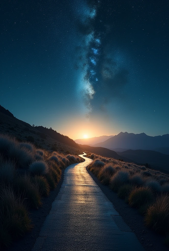 Narrow path, Sky full of stars , and a light at the end of the road