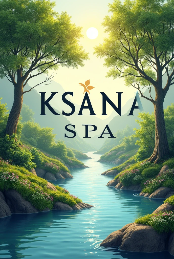 A logo that says KSANA SPA and that has a river setting, trees and landscapes