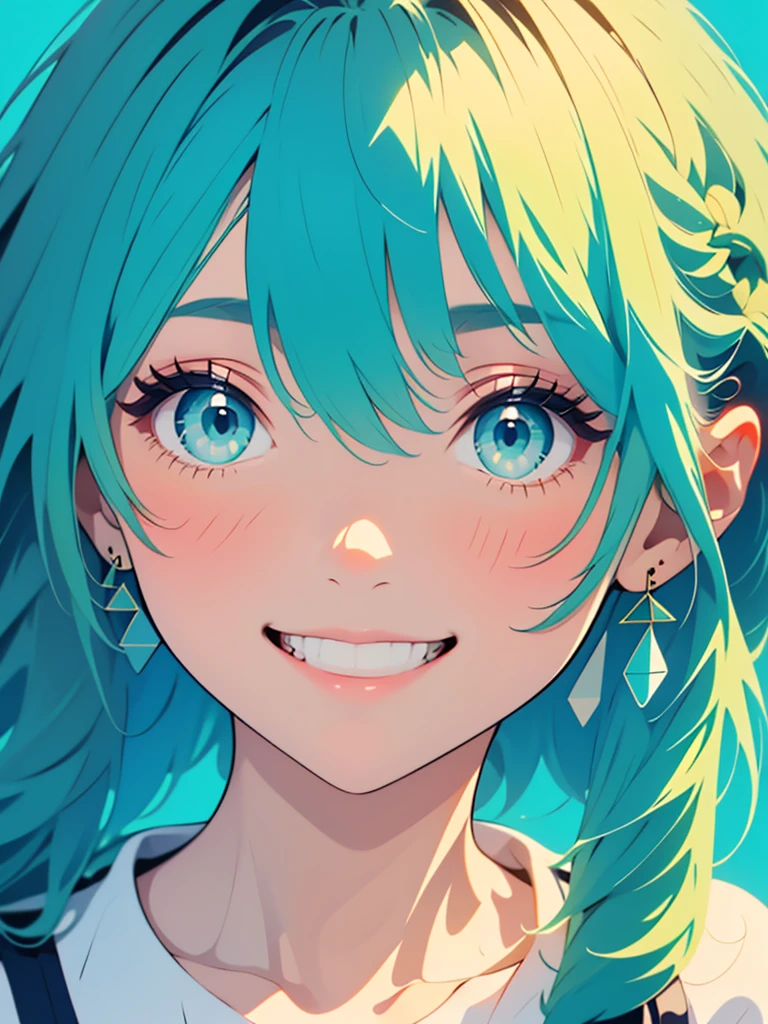 The Minimalists,Fashion Girl,Blue Background,Green Hair,Wearing special earrings,Clear eyelashes,Bright blue eyes,Clean and transparent eyes,closure,Smiley face flat illustration,geometry,Clean