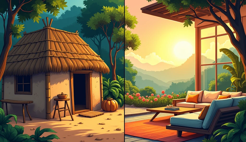 Here’s a prompt for a thumbnail that contrasts a poor hut with a rich home:
"Create a split-screen cartoon-style thumbnail. On the left side, illustrate a poor, rural hut made of mud or bamboo, with a thatched roof. The surrounding area should look barren, with simple, minimal furnishings like a wooden stool or an old mat on the ground, and dim, natural lighting to emphasize the humble living conditions.
On the right side, depict a luxurious, modern home with bright lighting, fancy furniture, and a well-maintained garden. The house should be large, with multiple windows, a balcony, and detailed decor. Include elements like a plush sofa, a large TV, and a stylish coffee table. The overall contrast between the rich and the poor living environments should be visually striking."