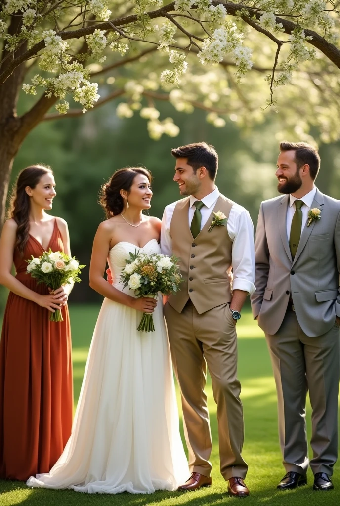 full wedding 1 man: Beige vest and pants, with olive green tie 1 woman: olive green dress 1 woman: in rust dress 1 man: in a light gray jacket and light gray pants, with olive green tie 1 woman: in white dress 1 man: in a lead gray suit and lead gray pants and a black tie



