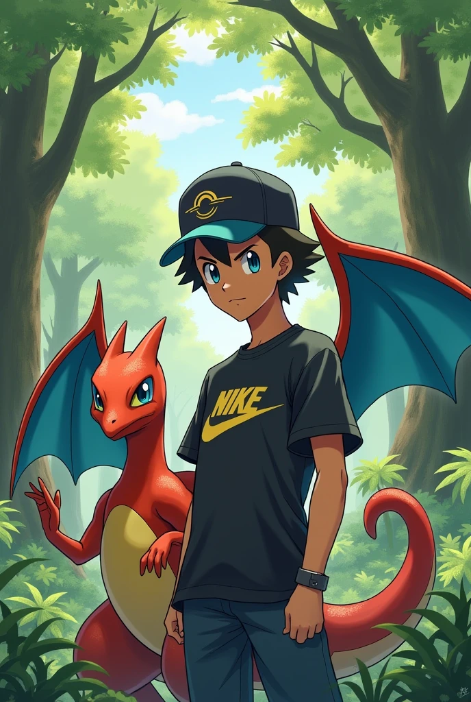 a pokemon trainer with a black cap and a nike shirt
and official pokemon art with good quality and the setting in a forest and next to it a charmander pokemon red and blue oficial hight qualidade