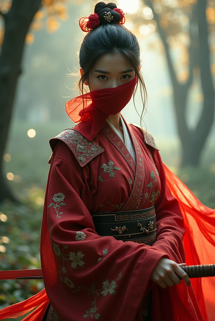 The female knight wears a Hanfu and covers her face with a thin silk cloth and her eyes with a red silk cloth.