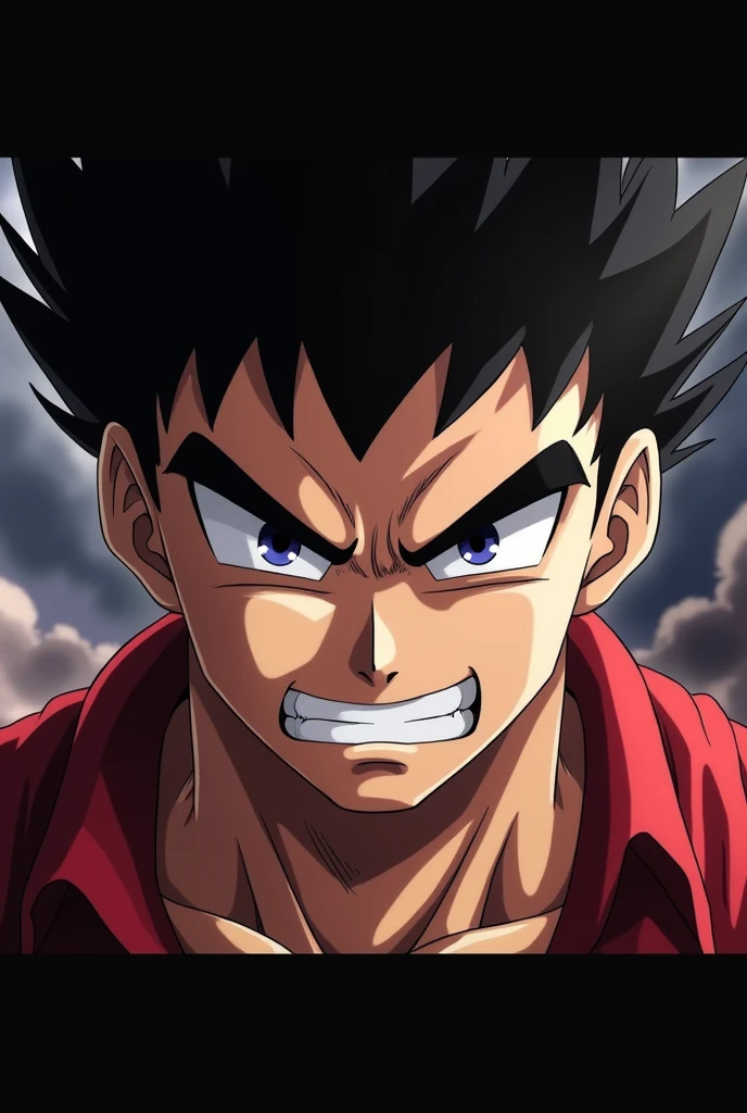 anime style drawing of a strong and powerful boy's face with an angry look