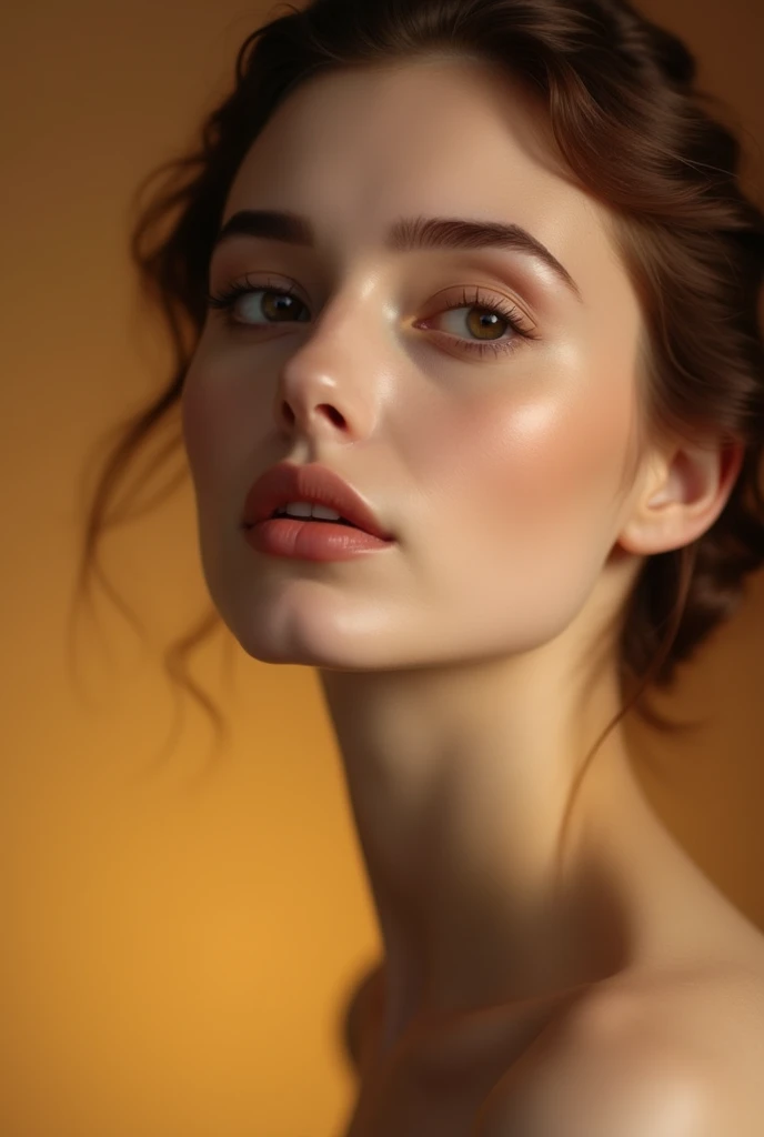 Design a close-up of a stunning woman with flawless, smooth skin and a gentle yet captivating expression. Her lips are slightly curved in a soft, almost imperceptible smile that hints at a deep, inner confidence. Her head is tilted upwards, creating a regal and poised appearance. The background should be a gradient of warm tones, highlighting her elegance."