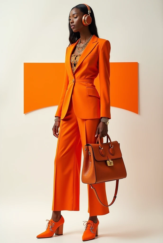I want an orange logo with the T highlighted on an outfit, a headset, I want a shoe that is pretty but not too flashy, I don't want a human being or an animal, I want a logo
