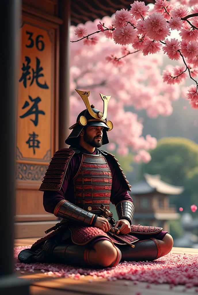 samurai style plaque written : 36 Photos,a samurai warrior sitting next to