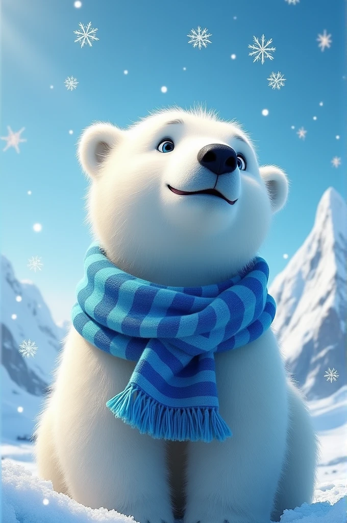Make a poster of a fictional movie with a polar bear wearing a blue striped scarf