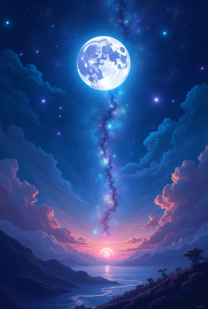 The moon is surrounded by stars. The starry sky is brighter with twinkling stars and light trails. Surreal scene. Beautiful stunning composition. Subtle shadows and highlights. Deep blue and purple tones. Mysterious. Vibrant tones. Action painting. Highly detailed HD cinematic close-up. Magic fantasy gorgeous digital art