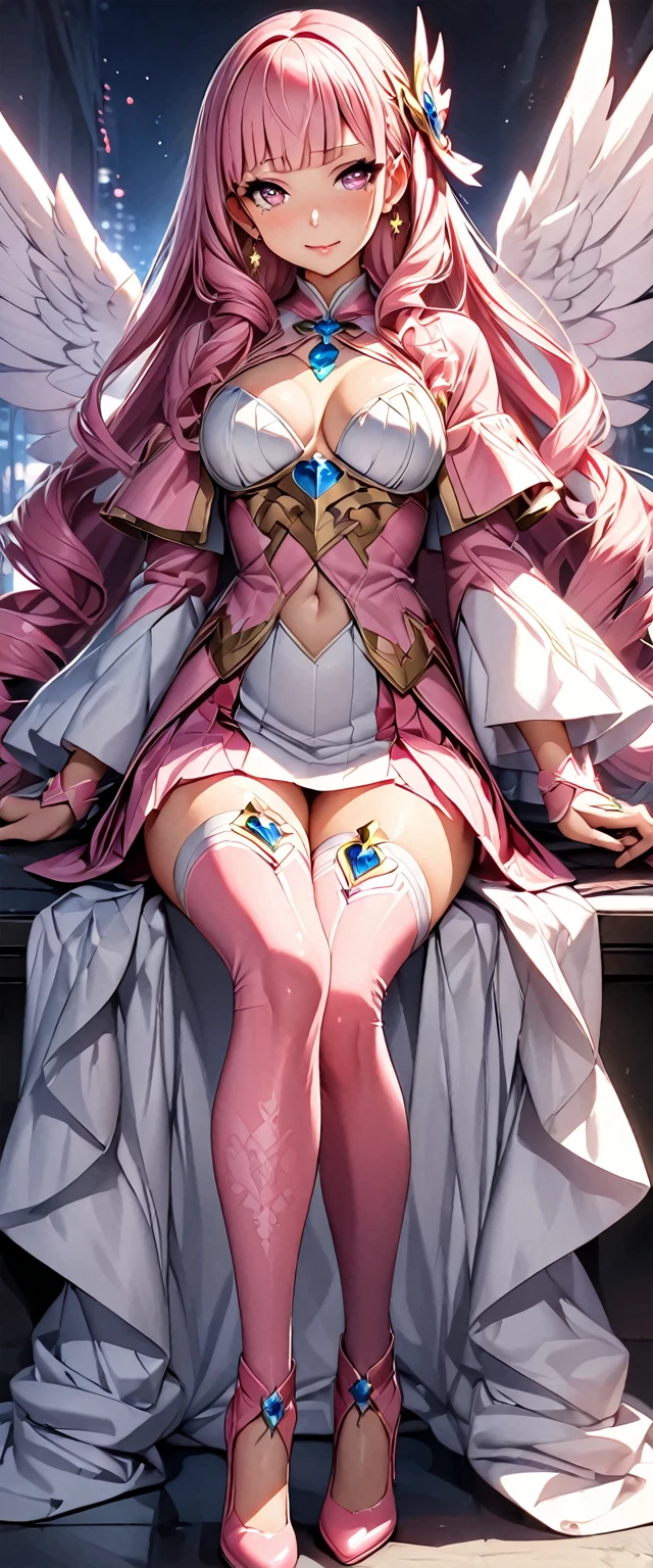 (Perfect Anatomy)、Mastepiece、Ultra High Quality、 8k、masterpiece、Highest quality、Ultra-high resolution、Maximum resolution、Very detailed、Professional Lighting、anime、woman、thin、so beautiful、Highly detailed eye、Highly detailed face、Golden earrings、Pink Hair,、Pink eyes、Detailed costume patterns、Mid-chest、Blue jewel on chest, makeup, eyeliner, eye shadow, pink cheek, pink lips, upper arm pink armor, white leotard, pink pattern, full body, magical girl, Angel Girl, Are standing, pink thigh high stockings, white super long boots, pink gauntlet, high heels, blunt bangs, Hime cut, bridal hair accessory, paladin robe, womanの部屋、Sit on a chair、Cross your legs