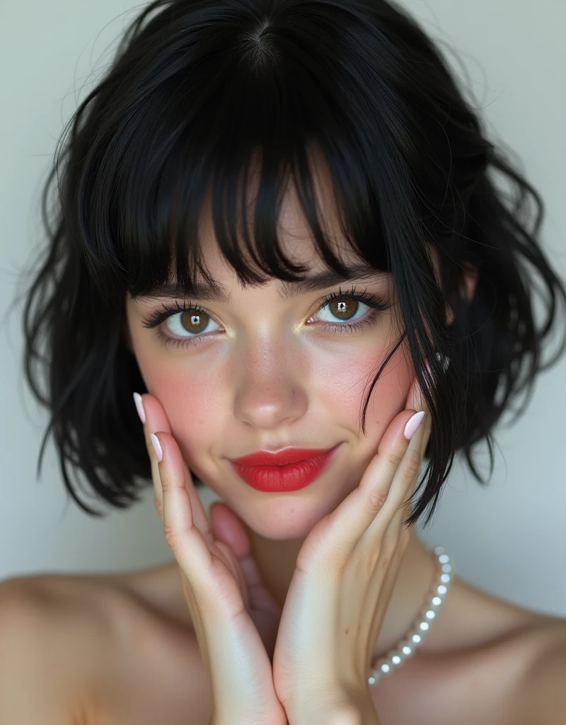 (RAW photo, best quality, masterpiece: 1.2), (photorealistic: 1.4), (Polish girl, 20 years old, black hair, close eyes, short bob cut, hair in 7 thirds, hair over one ear, Symmetrical eyes, solo, Detailed Skin, rip gloss, blush:1.1), Bright red lips, slightly upturned face, large pearl necklace, wet hair, looking away, white background, close-up of face, nude, cinematic lighting, grin, covering face with hands