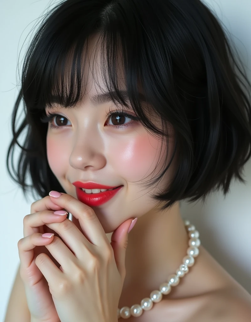 (RAW photo, best quality, masterpiece: 1.2), (photorealistic: 1.4), (Polish girl, 20 years old, black hair, Light grey eyes, short bob cut, hair in 7 thirds, hair over one ear, Symmetrical eyes, solo, Detailed Skin, rip gloss, blush:1.1), Bright red lips, slightly upturned face, large pearl necklace, wet hair, looking away, white background, close-up of face, nude, cinematic lighting, grin, covering face with hands