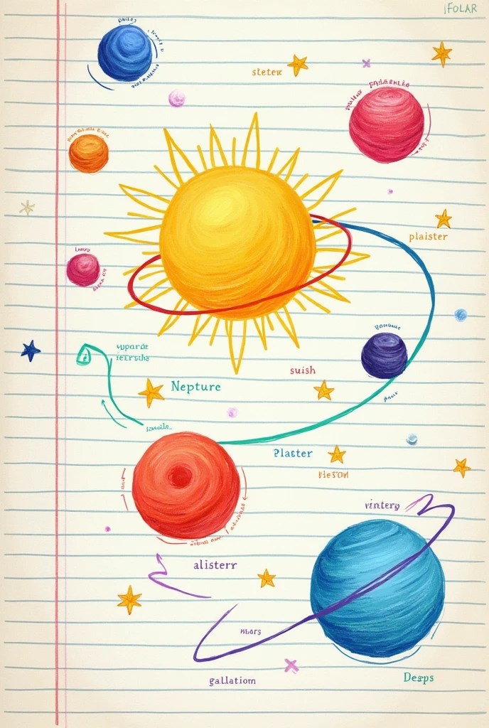 An image of the solar planetary system but it gives the impression that I have drawn it ( I'm not very good at drawing) in my squared notebook and I took a photo from my cell phone (include the colors