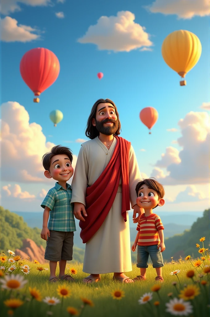 Make a picture of the characters from Pixar's UP with the character of Jesus