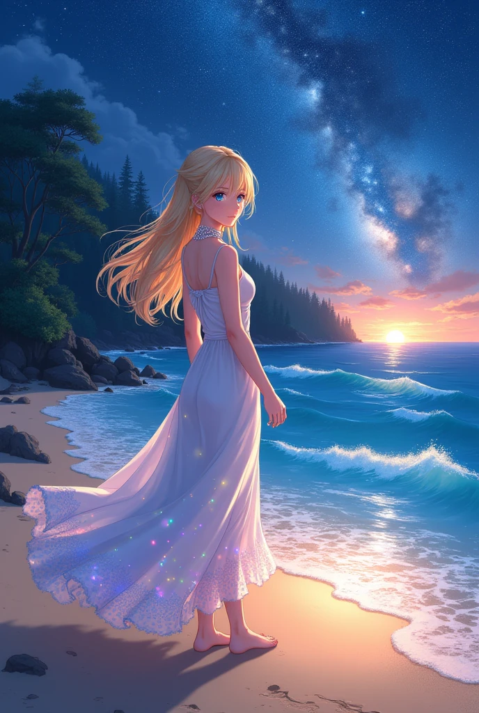 (masterpiece、Highest quality、8k、High resolution)、(The best beautiful girl)、Best Style、(The most beautiful face)、Clear skin、Clean blue eyes、Beautiful lips、Beautiful nose、Blonde Hair、Ample breasts、Walking on the sand、look back、Ocean、You can see the forest、A bright night with stars visible、Beautiful starry sky、milky way、(体whole bodyから神秘的な光の粒子、Colorful Light)、(jewelry、necklace)、dress、(whole body)、Highly detailed anime art、A complete portrayal、