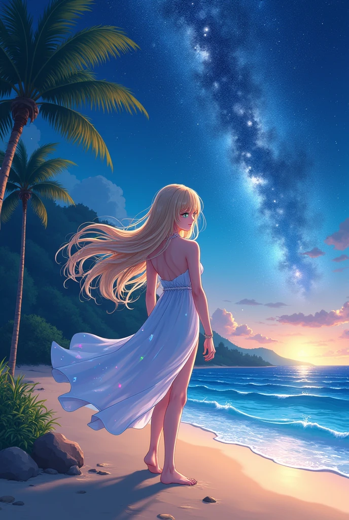 (masterpiece、Highest quality、8k、High resolution)、(The best beautiful girl)、Best Style、(The most beautiful face)、Clear skin、Clean blue eyes、Beautiful lips、Beautiful nose、Blonde Hair、Ample breasts、Walking on the sand、look back、Ocean、You can see the forest、A bright night with stars visible、Beautiful starry sky、milky way、(体whole bodyから神秘的な光の粒子、Colorful Light)、(jewelry、necklace)、dress、(whole body)、Highly detailed anime art、A complete portrayal、