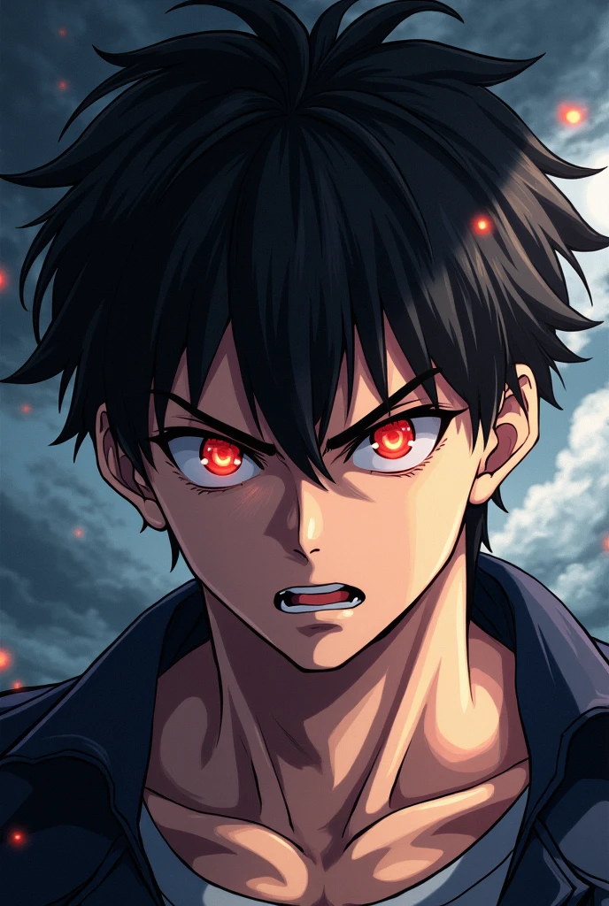 anime style drawing of a strong and powerful boy&#39;s face with a realistic angry look

