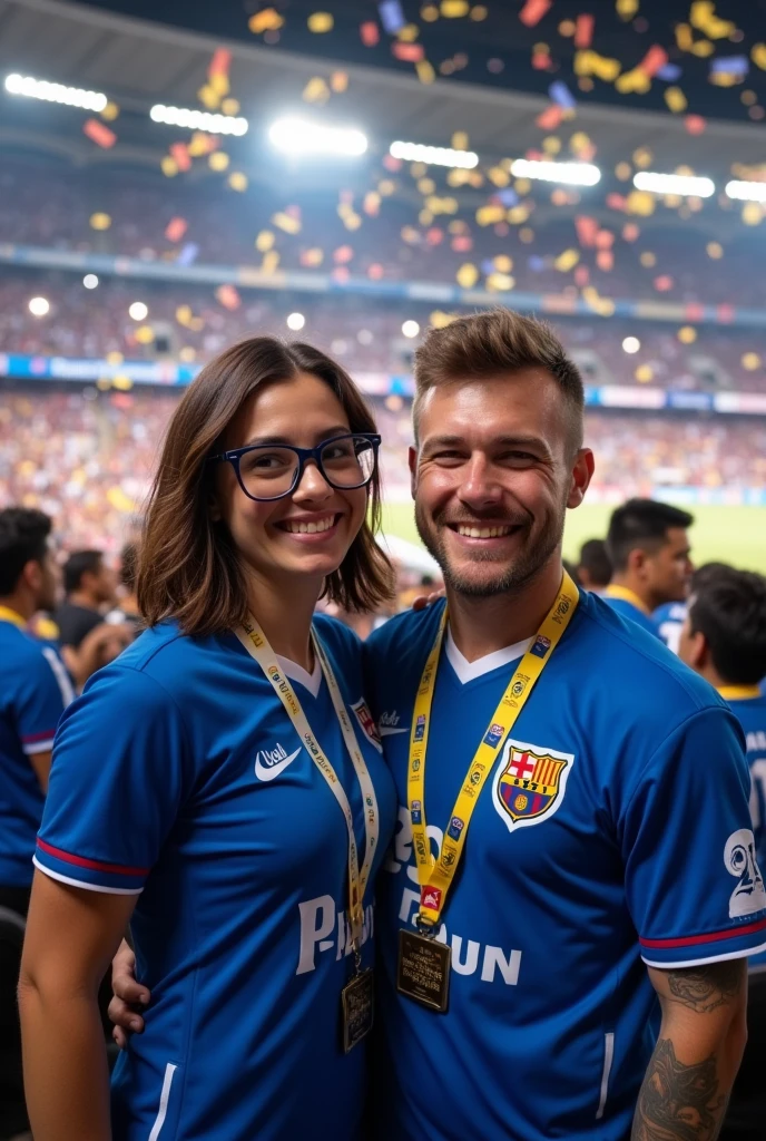 A woman with glasses and mid-length hair with a dark-haired man (not so dark) and the tattooed forearm at the El Campin stadium watching Millonarios FC from Bogota, the blue of bogota, being champion