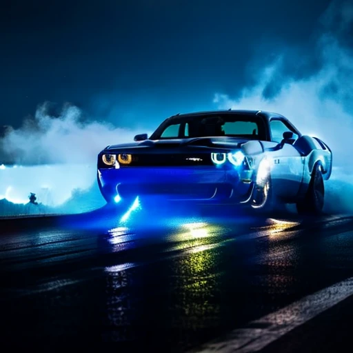 A black dodge challenger with flames of shades of blue, is driving on empty highway, dark outside, headlights glow blue, colorful light, car fully visible, glowing blue, blue highlights, subtle fog, midnight, epic, zoomed out, is facing viewer at a 45 degree angle, black sky
