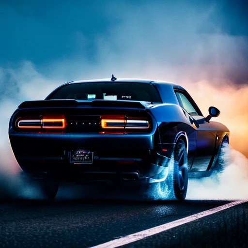 A black dodge challenger with flames of shades of blue, is driving on empty highway, dark outside, headlights glow blue, colorful light, car fully visible, glowing blue, blue highlights, subtle fog, midnight, epic, zoomed out, is facing viewer at a 45 degree angle, black sky