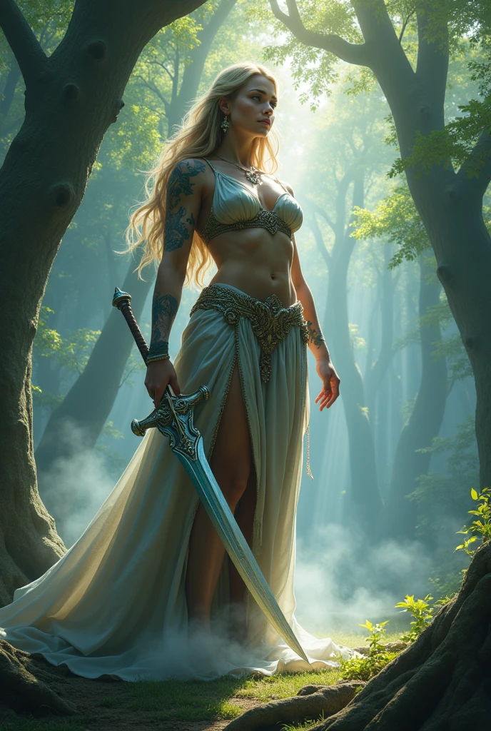 naked blonde woman with very huge boobs, extremely big breasts, very slim and athletic, fitness body, in the middle of a forest holding a sword, fantasy mood