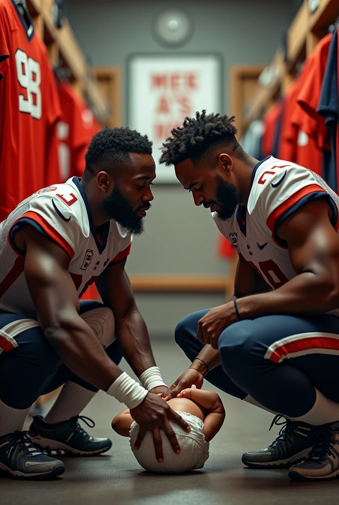 Two black American football players in the locker room changing a white baby's diaper