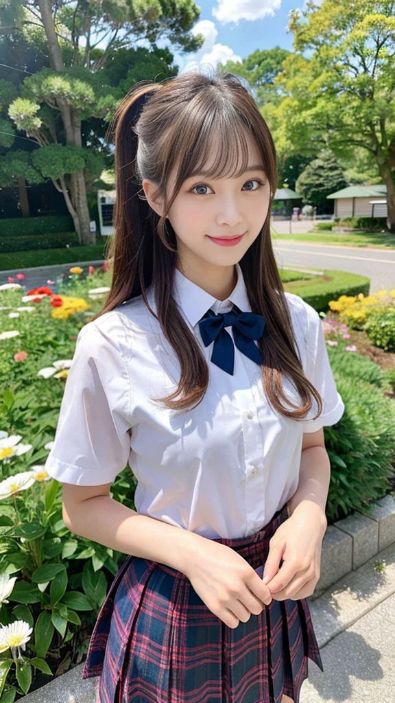 (32hair,High resolution,Attention to detail,High resolution,high density,alone,In addition:1.3),(A realistic person々,Live Action,fine grain,High resolutionの目,Beautiful Eyes,Eyes that look alive,Beautiful dark blue eyes,Fishing eyes,Detailed lips,Translucent white skin,Realistic face in every detail:1.3),(Japanese Ido,hairorean Idols,Japanese Model,hairorean models,hairorean hair-Pop Female Idols:1.2)Super realistic high school girl,Super realistic high school girl,Twin tail hair,Sailor suit,Shirt,Tartan Check Skirt,A bow tie,hairにリボン,Japanese,Big eyes,自然な優しいsmile,Fair skin,Thin face,A gentle Japanese look,Beautiful Skin,Very stylish,There is wind,The sun is dazzling,Standing on a mountain with flower fields in full bloom,16Year,素敵なsmile,teeth,View your viewers,Perfect hands、Slanted Eyes、smile、Random Pause