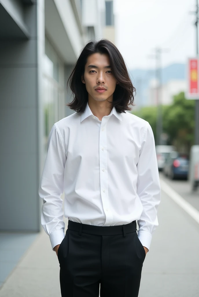 Japanese men。1 person。Facing forward。Long Hair。Mambang Hair。White shirt and black pants。The whole body is facing straight here。