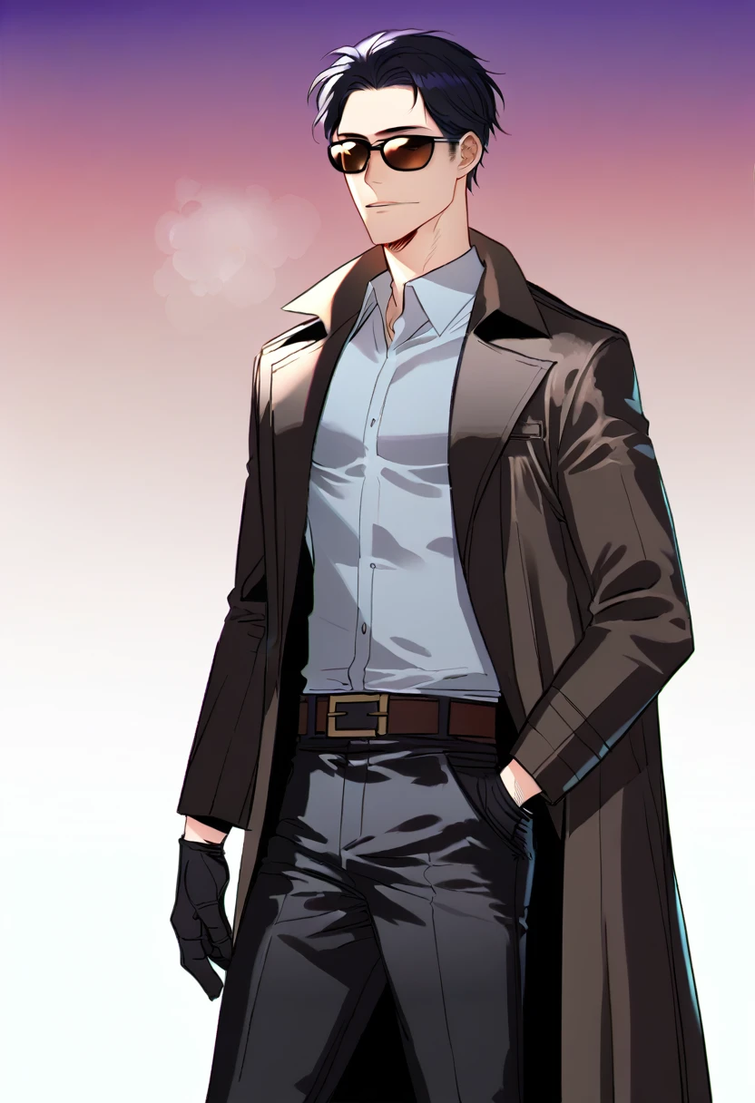 score_7_up, BREAK 1boy, solo, albertwesker, black gloves, sunglasses, belt, pants, long coat, trench coat, black coat, black pants