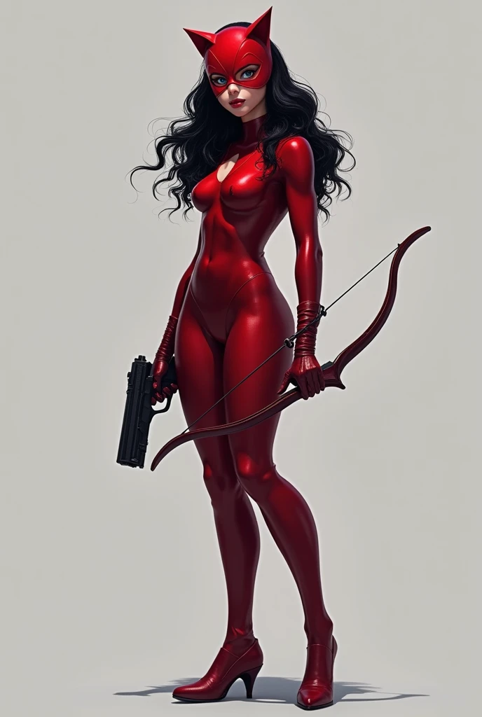 A silhouette of a girl wearing red Catwoman suit. Wavy hair. no head gear. Wearing red mascaraed mask. Holding a small gun and bow. Plain background. Semi-realism art