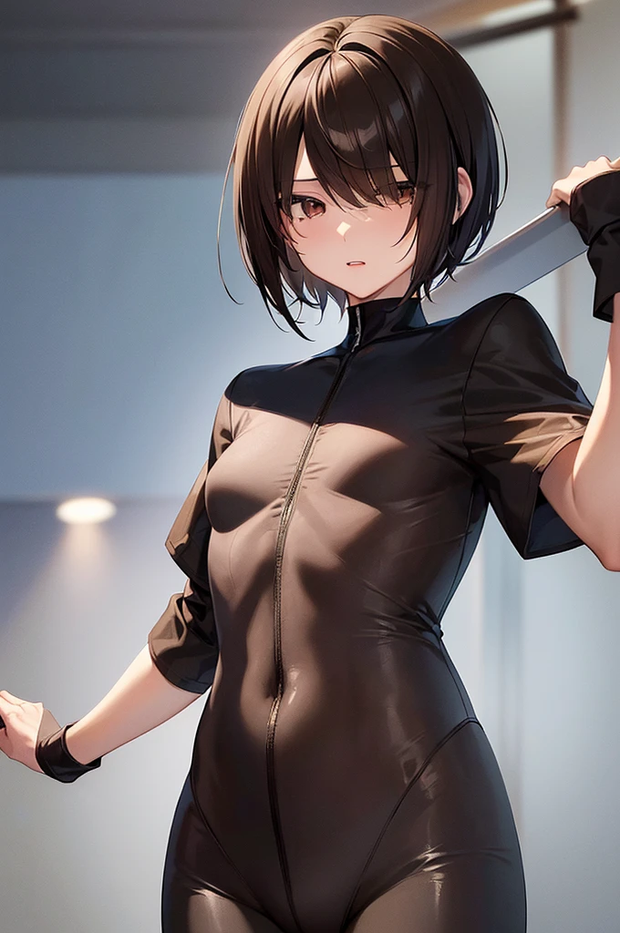 masterpiece, best quality,anime style, 1 girl,(((slender body))), (((small eyes))),(((black athlete suit))), (beautiful face), (((short hair))), (((straight hair))), ((((brown hair)))),detailed beautiful skin, (perfect hands, perfect anatomy),scream