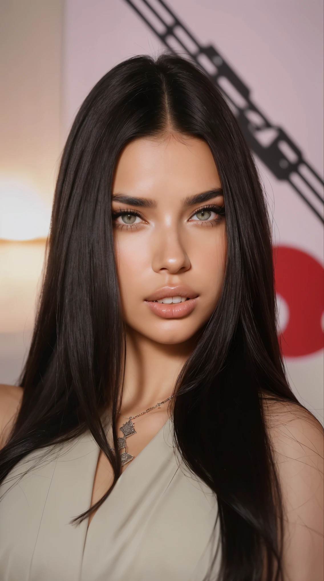 a closeup of a woman with long hair and a necklace, Adriana Lima, perfect face ), wonderful dark hair, dark brown hair y piel bronceada, Extra dark natural black hair, dark hair and makeup, black hair and brown eyes, black hair hairstyle, straight hairstyle, sensual smile, perfect face, beautiful attractive face, beautiful woman, dark brown hair