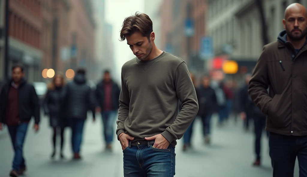 A person is standing pulling the bottom of his pockets out of his pants to show that he has no money, his face shows discouragement and sadness.