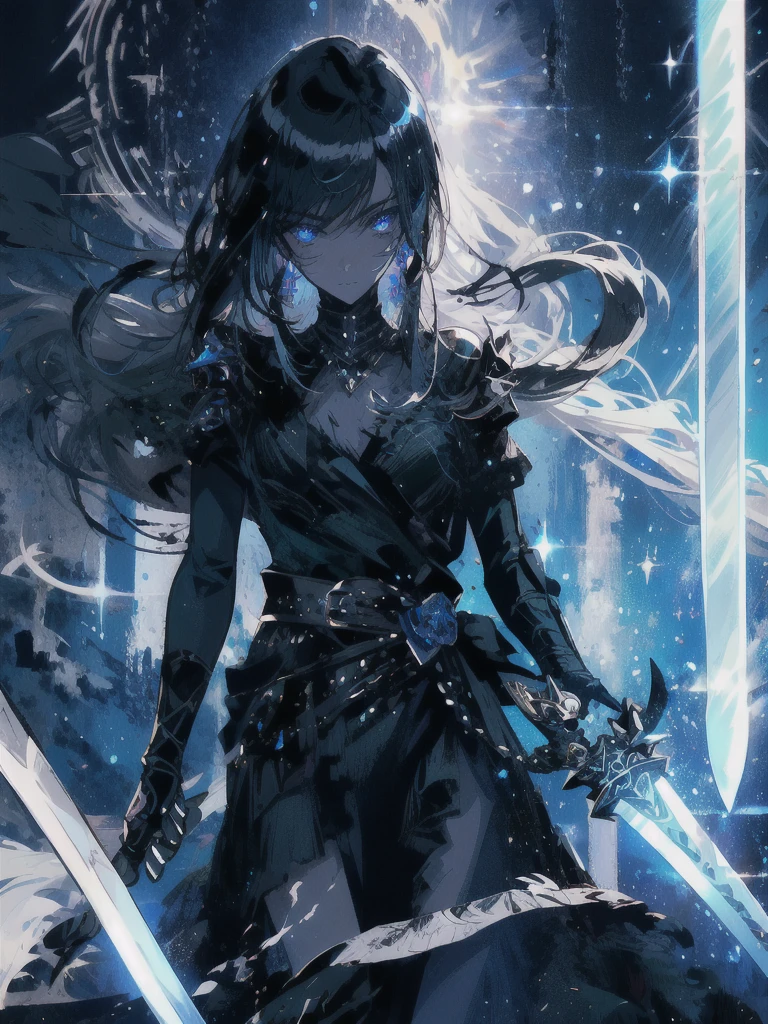 Holding a one-handed sword、Please take the black sword.、((masterpiece, highest quality, Super detailed, High resolution)), alone, beautiful girl, shining eyes, perfect eyes, 15 years old, black white gold theme,