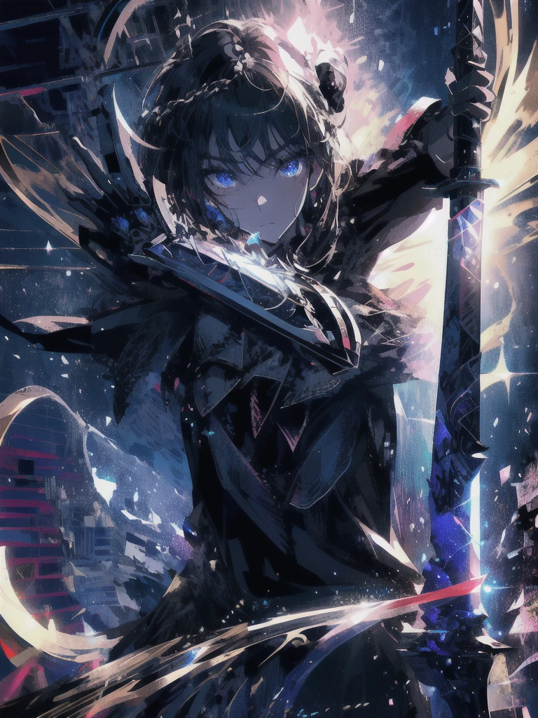 Holding a one-handed sword、Please take the black sword.、((masterpiece, highest quality, Super detailed, High resolution)), alone, beautiful girl, shining eyes, perfect eyes, 15 years old, black white gold theme,