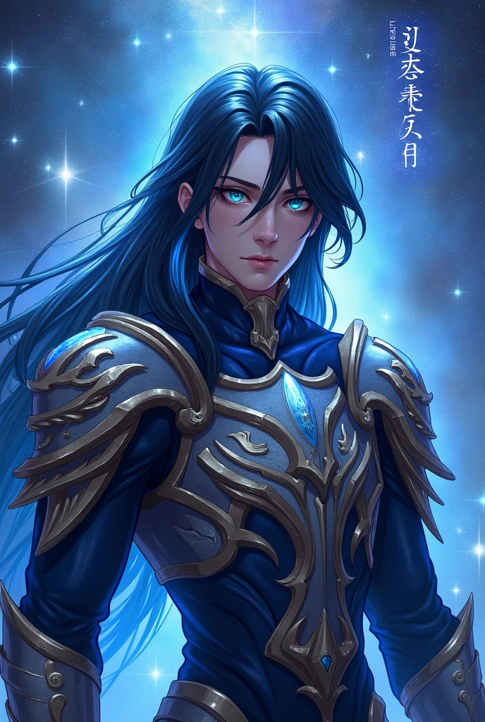 put the name: (The Eminent Divine Spirit), written in the drawing. Create a character, TEENAGE HUMAN MALE WITH ARMOR with JAPANESE ANIME style drawing features, IN a cosmic environment, long black hair with a cobalt blue streak in one hair, cobalt blue eyes. put the name: (The Eminent Divine Spirit)