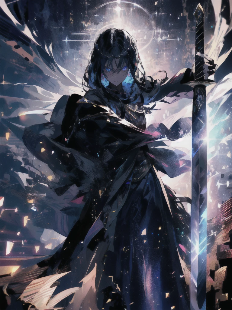Holding a one-handed sword、Please take the black sword.、((masterpiece, highest quality, Super detailed, High resolution)), alone, beautiful girl, shining eyes, perfect eyes, 15 years old, black white gold theme,