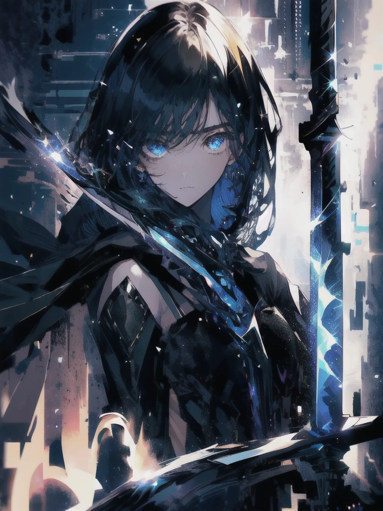 Holding a one-handed sword、Please take the black sword.、((masterpiece, highest quality, Super detailed, High resolution)), alone, beautiful girl, shining eyes, perfect eyes, 15 years old, black white gold theme,
