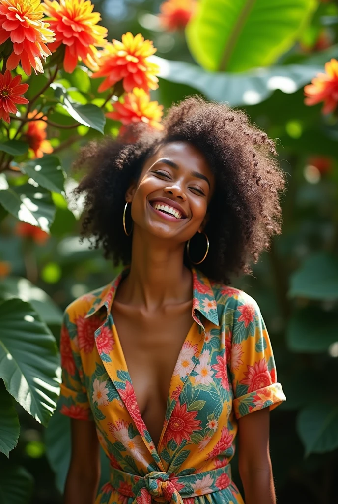 A Brazilian woman in a lush tropical garden, wearing an open shirt with a floral print, with a close-up capturing the harmonious beauty between her breasts and the natural flowers, showing off your natural charm and outgoing personality.