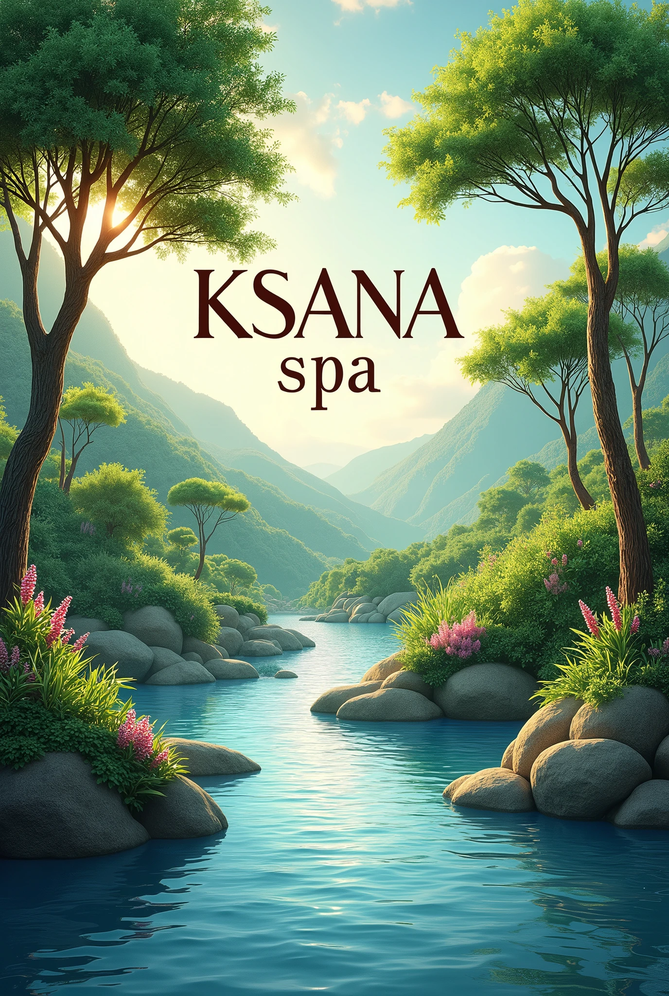 A logo that says KSANA SPA and that has a river setting, trees and landscapes