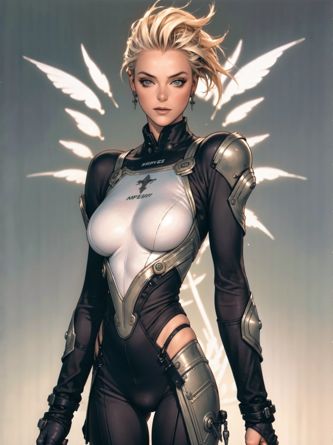 (((Brigitte Nielsen))), ((( carbon fiber suit ))), (((body	0% plumpness))), ((high collar)), (((Moss green))), (((best qualityer: 1.4))), (Unbeatable masterpiece), (hiper HD),(CG 8k hyper-realistic), (((brave face))), (((breasts big))), (((hyper feminine))), sexly girl, Tron,（white bob hair)), ((( sculptural body ))), (((1 Kizi))), Kizi cibernética de 25 anos com perfectbody,,Beautiful and well-groomed face,muscular body:1.2,solid color detailed jacket, (Head to thigh photos)， Complex equipment, green dark，Long pants，Tight clothes are dark，With white stars and off-white stripes,,,,,Armor Metal Electronic Parts, Poison tattoos ) INFO, Kizi, (((standing alone))), pirralha violent, ((())), sexly, pose de atitude, work of art, post-apocalypse, (((manga style))), bounty hunter, violent, Manic, the way you want, slenderbody, thin but strong, perfectbody, roupa moderna, advanced technology, neon, sleeves with vertical striped pattern, neutral background, (( cowboy shot )). intricate visual