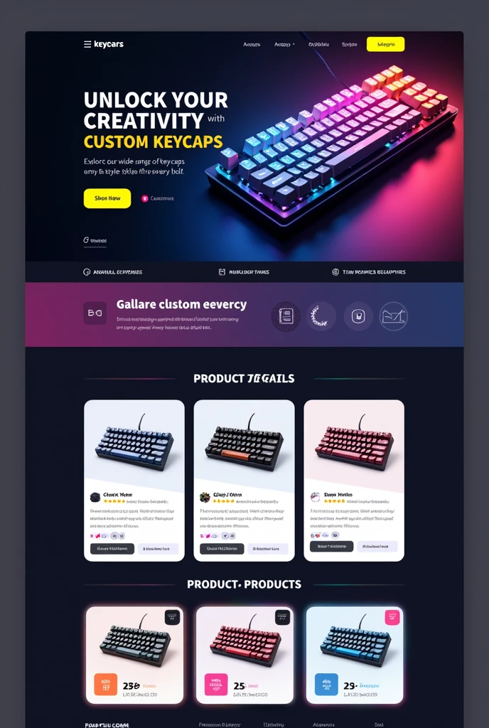 To create an attractive keycap landing page for your lead generation campaign, I'll outline a design concept that can capture the attention of both teenagers and working adults. The landing page will be user-friendly, visually appealing, and persuasive. Here's a breakdown of the key sections and elements:
1. Hero Section
Background Image: A high-quality, vibrant image of a mechanical keyboard with unique and colorful keycaps to immediately grab attention.
Headline: "Unlock Your Creativity with Custom Keycaps"
Subheadline: "Explore our wide range of keycaps that suit every style, from minimalistic to bold."
Call-to-Action (CTA) Button:
Text: "Shop Now"
Design: A prominent, contrasting button that stands out from the background (e.g., bright yellow or orange against a dark or gradient background).
2. Featured Products Section
Grid Layout: A clean, grid-based layout showcasing keycap sets. Each product block should include:
Product Image: High-resolution, zoomable images showing keycaps from different angles.
Product Name: A catchy, descriptive name (e.g., "Galaxy Nebula Keycap Set").
Price: Clearly displayed, with options for discounts (e.g., "Starting at $29.99").
Quick View Option: A hover effect that provides a quick view of key details like material, compatibility, and key profile.
3. Product Details Section
Expanded View: When a product is clicked, an expanded view should appear with:
Detailed Description: Explain the design inspiration, materials used, and the benefits (e.g., durability, comfort).
Customization Options: Dropdown menus or swatches to choose different colors, profiles, and materials.
Add to Cart Button: Prominently displayed, with options to continue shopping or proceed to checkout.
Ratings & Reviews: Display star ratings and snippets of customer feedback to build trust.
4. Benefits and Features Section
Icons and Text: Use icons to highlight key features such as:
"Durable PBT Material"
"Fits Most Mechanical Keyboards"
"Easy to Install"
Visual App
