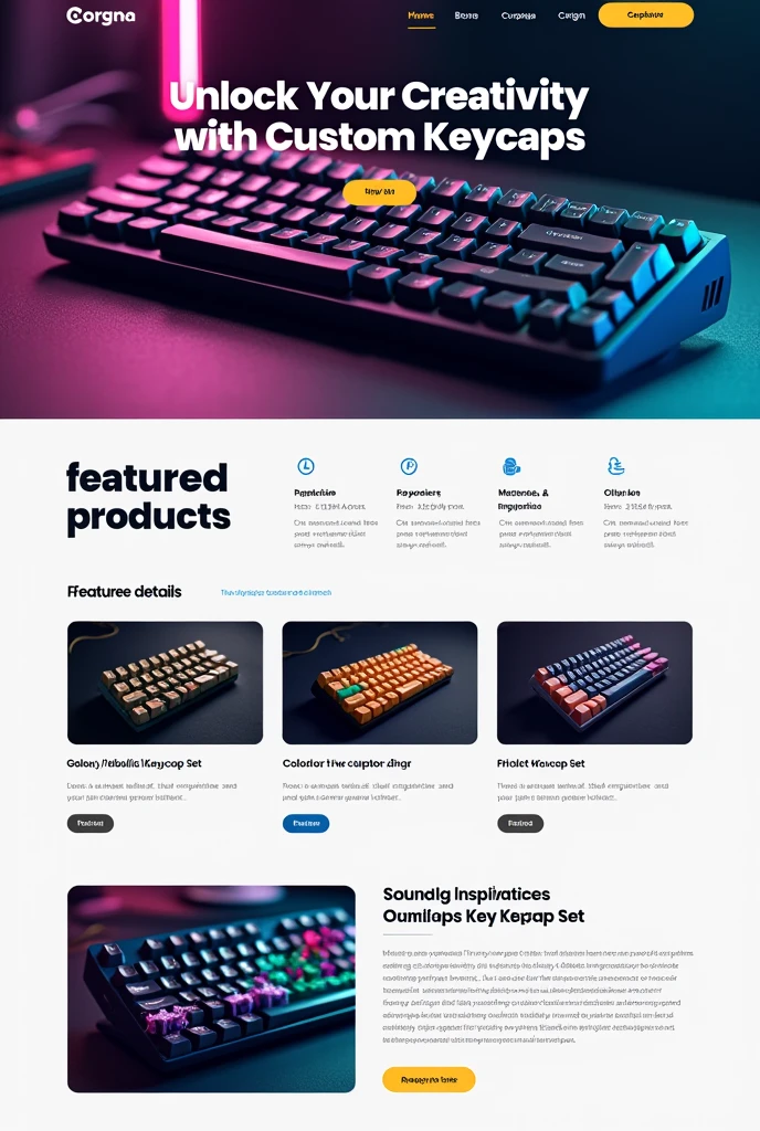 To create an attractive keycap landing page for your lead generation campaign, I'll outline a design concept that can capture the attention of both teenagers and working adults. The landing page will be user-friendly, visually appealing, and persuasive. Here's a breakdown of the key sections and elements:
1. Hero Section
Background Image: A high-quality, vibrant image of a mechanical keyboard with unique and colorful keycaps to immediately grab attention.
Headline: "Unlock Your Creativity with Custom Keycaps"
Subheadline: "Explore our wide range of keycaps that suit every style, from minimalistic to bold."
Call-to-Action (CTA) Button:
Text: "Shop Now"
Design: A prominent, contrasting button that stands out from the background (e.g., bright yellow or orange against a dark or gradient background).
2. Featured Products Section
Grid Layout: A clean, grid-based layout showcasing keycap sets. Each product block should include:
Product Image: High-resolution, zoomable images showing keycaps from different angles.
Product Name: A catchy, descriptive name (e.g., "Galaxy Nebula Keycap Set").
Price: Clearly displayed, with options for discounts (e.g., "Starting at $29.99").
Quick View Option: A hover effect that provides a quick view of key details like material, compatibility, and key profile.
3. Product Details Section
Expanded View: When a product is clicked, an expanded view should appear with:
Detailed Description: Explain the design inspiration, materials used, and the benefits (e.g., durability, comfort).
Customization Options: Dropdown menus or swatches to choose different colors, profiles, and materials.
Add to Cart Button: Prominently displayed, with options to continue shopping or proceed to checkout.
Ratings & Reviews: Display star ratings and snippets of customer feedback to build trust.
4. Benefits and Features Section
Icons and Text: Use icons to highlight key features such as:
"Durable PBT Material"
"Fits Most Mechanical Keyboards"
"Easy to Install"
Visual App