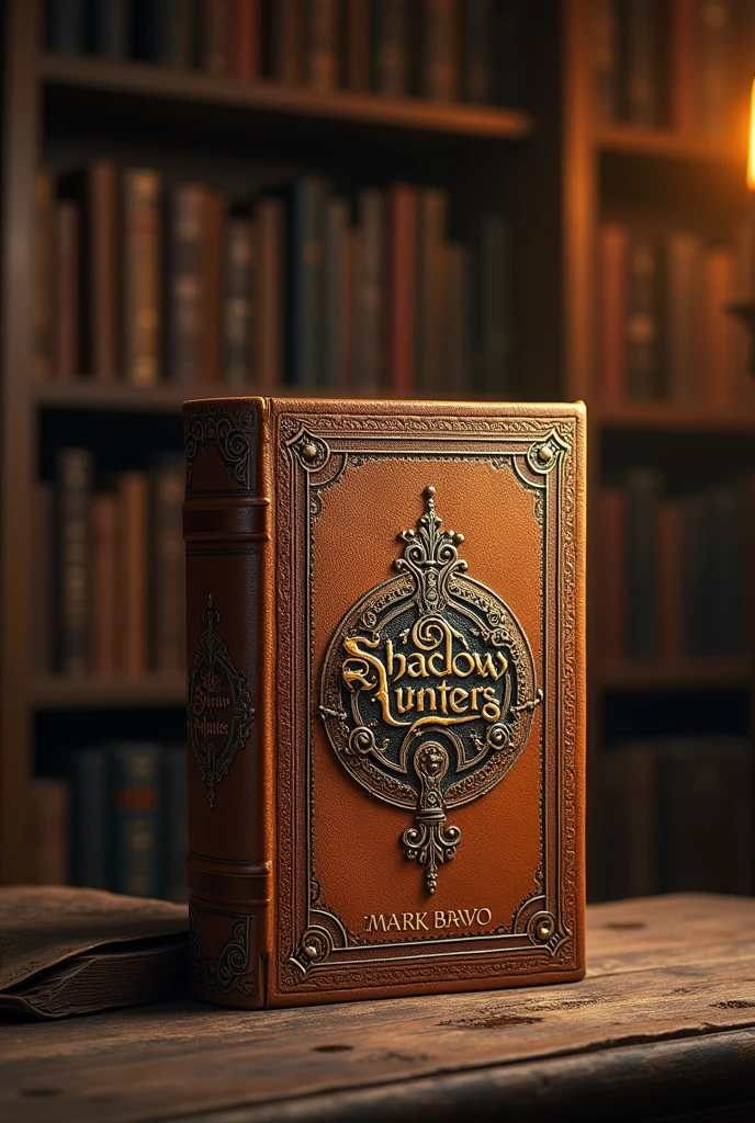 Make a light brown medieval style book , with a medieval gold badge , that the book is called shadow hunters , made by Mark Bravo