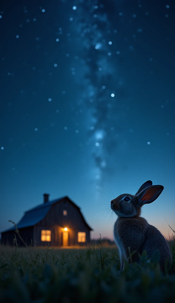 (Beautiful and detailed starry sky in focus:2.0)、Rabbit looking up、Rural farmhouse on the prairie、(Highest quality、4K、8k、High resolution、masterpiece:1.2)、Super detailed、(Real、Photorealistic、photo-realistic:1.37)、Highly detailed night sky、Glowing stars、Fluffy rabbits、Rabbit looking up、Detailed grassland、Barn with the lights out、Late Night、Peaceful rural landscape、Very low lighting、Cinematic composition、A small number of colors、