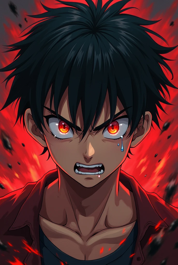 anime style drawing of a strong and powerful boy's face with a realistic angry look